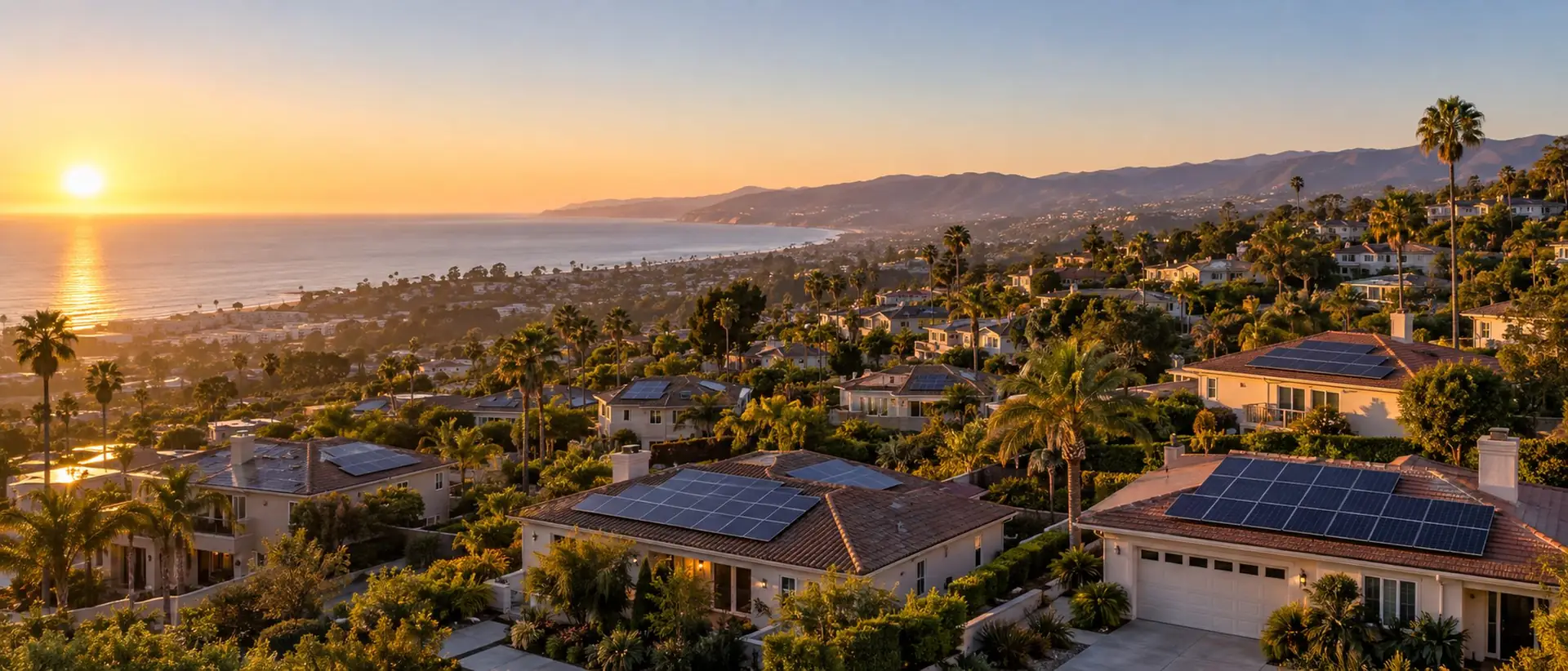 Aerial view of a Southern California hillside neighborhood at sunset, with solar panels glinting on many rooftops