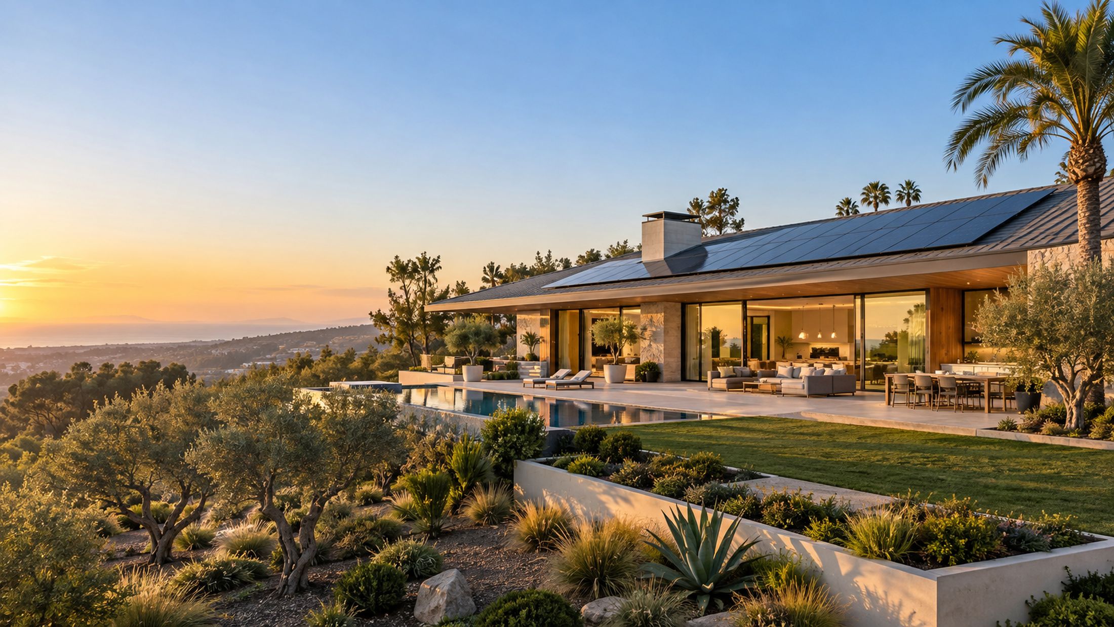 A large contemporary Southern California home at golden hour with a broad array of clean, glossy solar panels across its roof