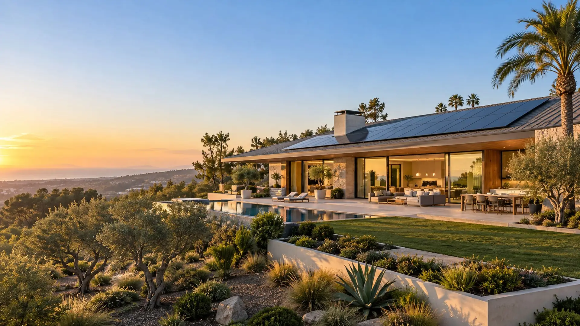 A large contemporary Southern California home at golden hour with a broad array of clean solar panels