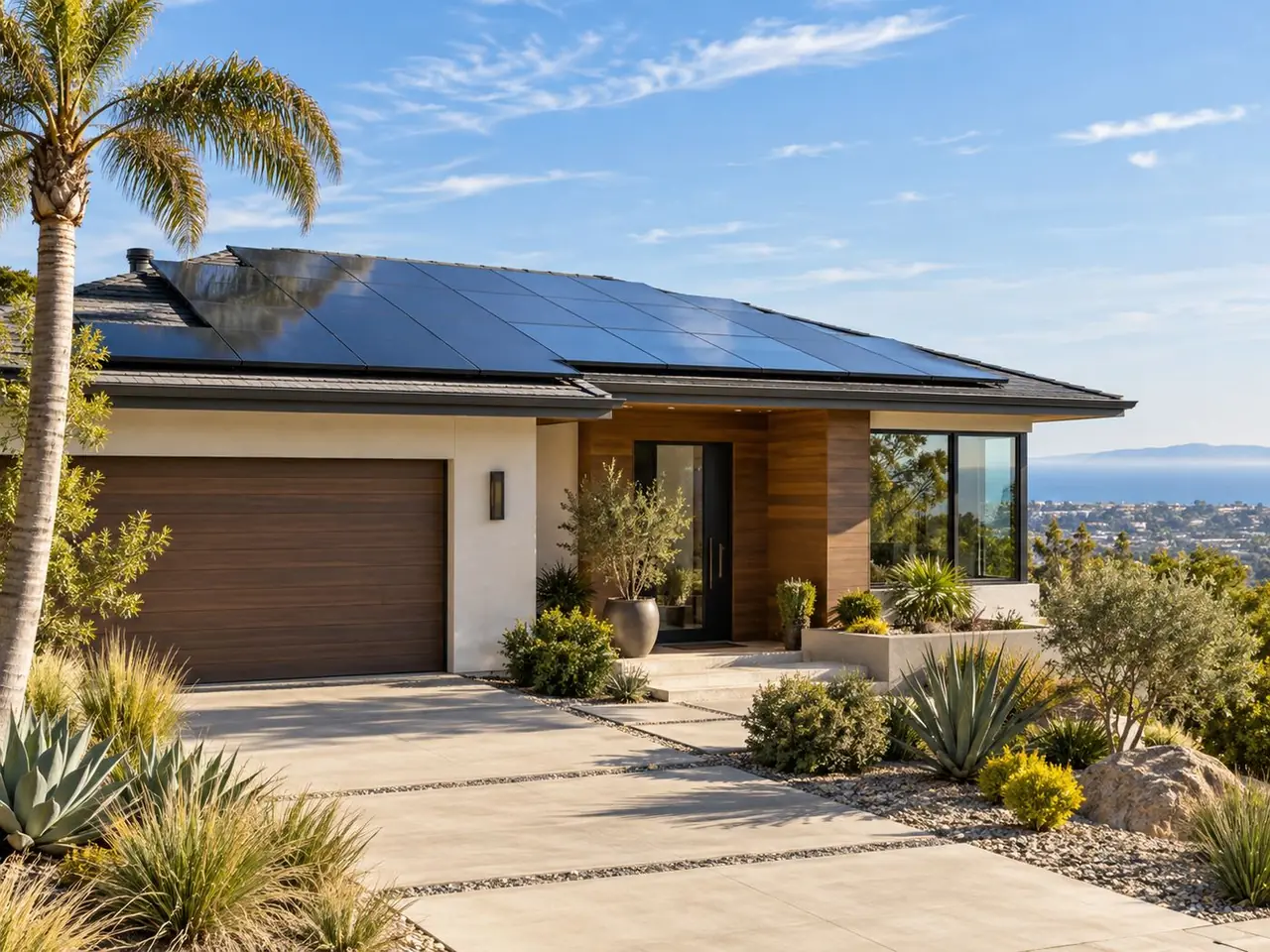 A modern Southern California home with a clean solar array on its roof