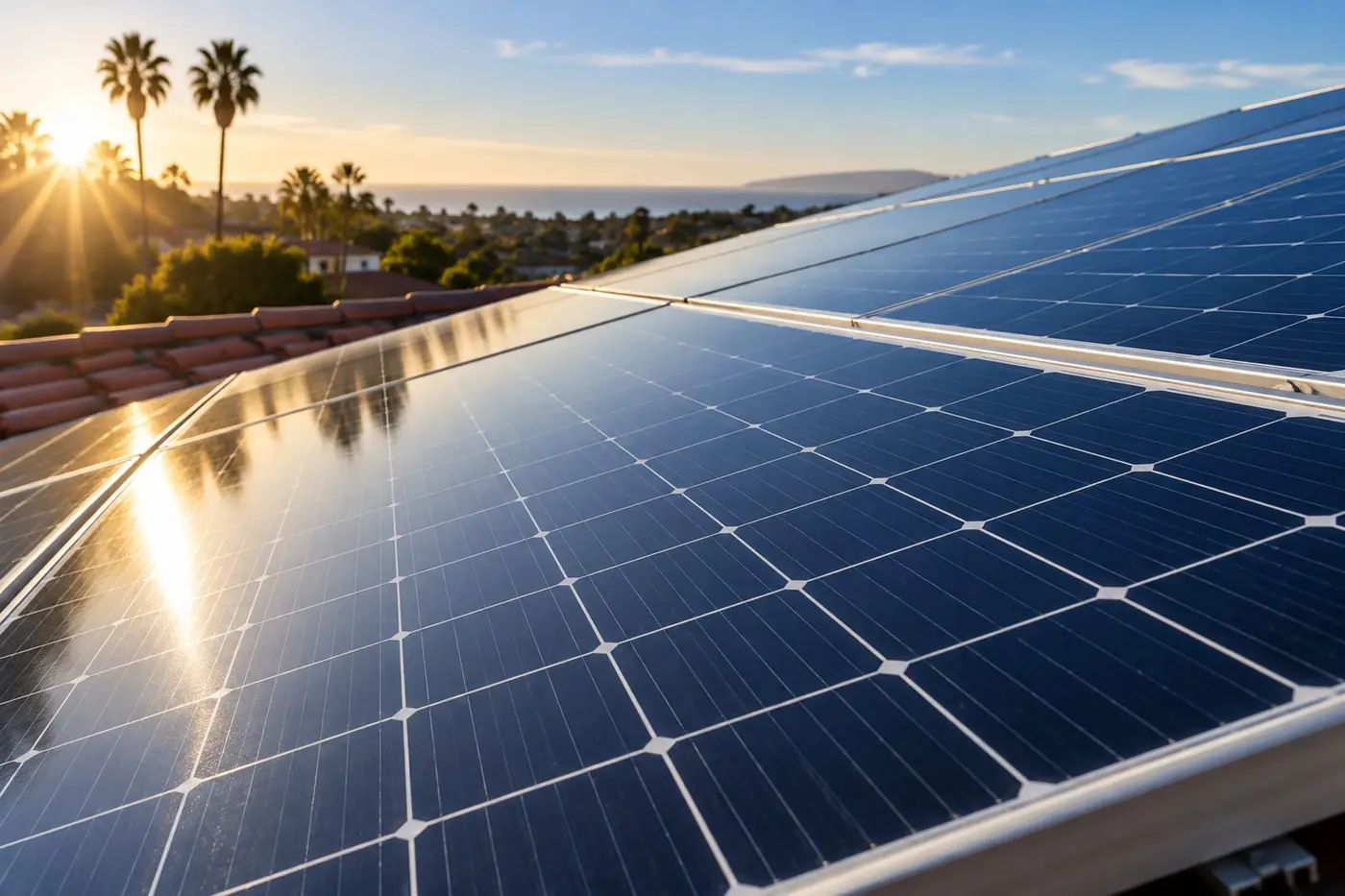 Solar panels after a professional clean: clear glass, deep blue cells and a bright sky reflection